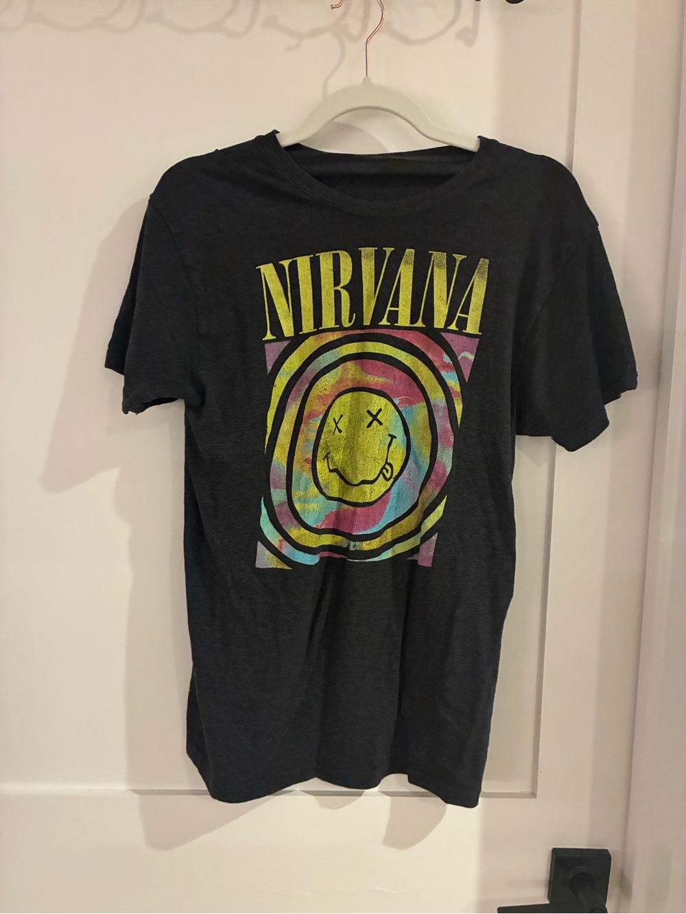 NIRVANA Black Short-Sleeve Tee with Multicolor Smiley Graphic
